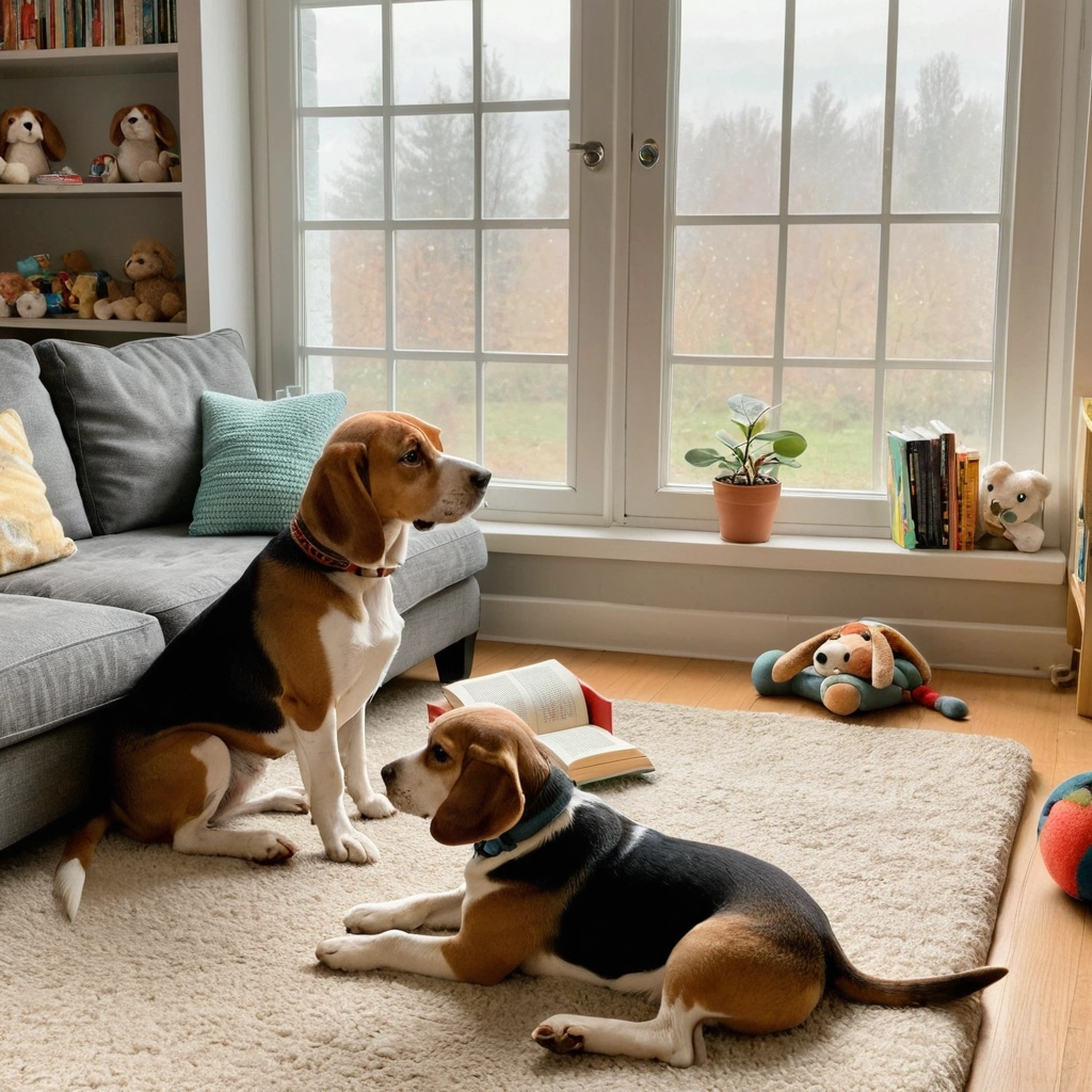 dois cachorros da raça Beagle sentado e outro deitado no tapete na sala