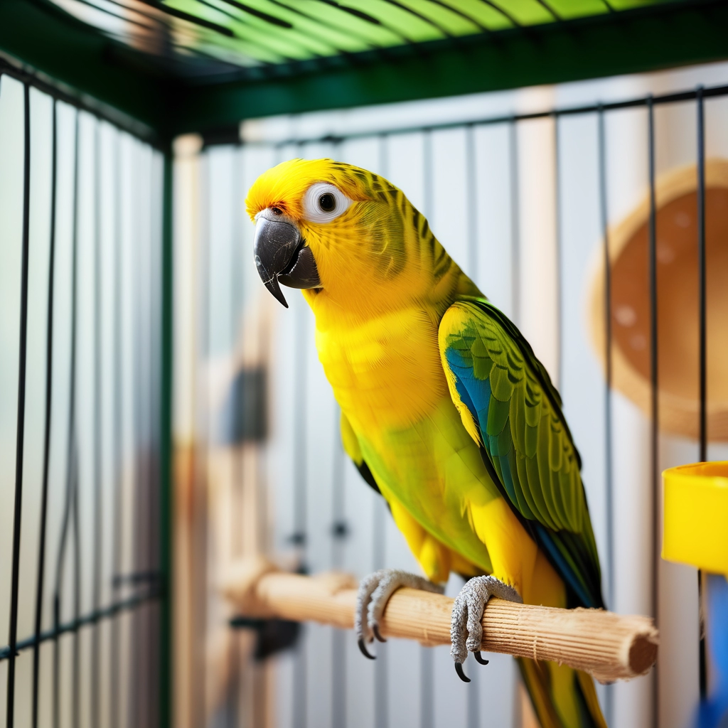 pagagaio amarelo e verde em sua gaiola prestes a falar