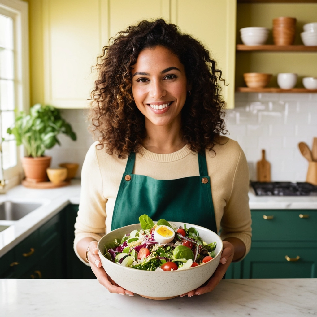 uma linda mulher morena, de cabelos cacheados em sua cozinha posando para a camera, segurando uma vasilha com salada