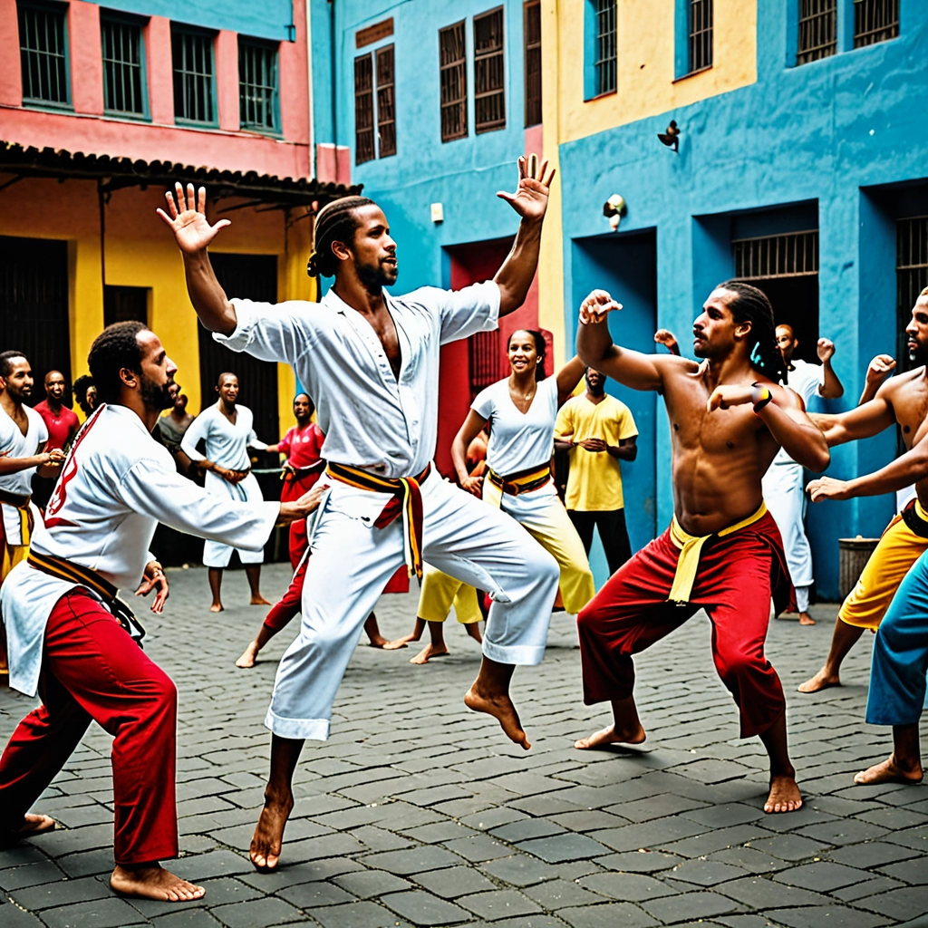 uma roda de homens lutando capoeira