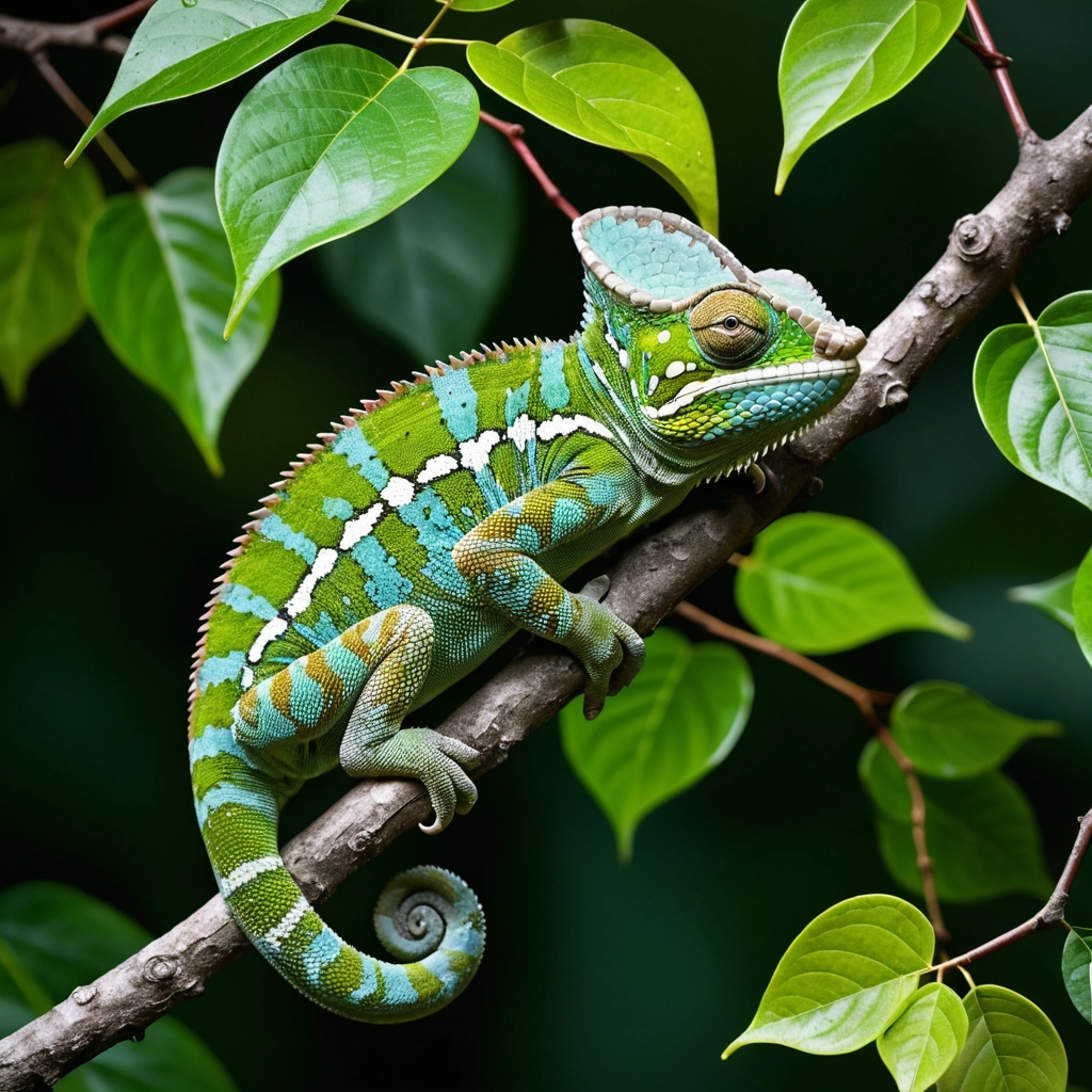 Um camaleão se esgueirando por um galho, com sua pele brilhantemente camuflada combinando perfeitamente com a folhagem circundante, capturando a essência da disfarce mestre