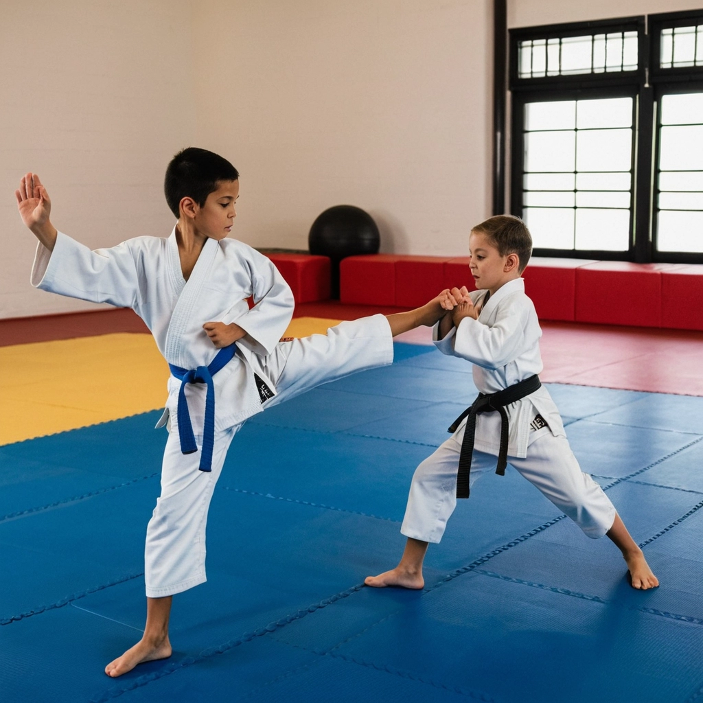 dois meninos treinando caratê no tatame