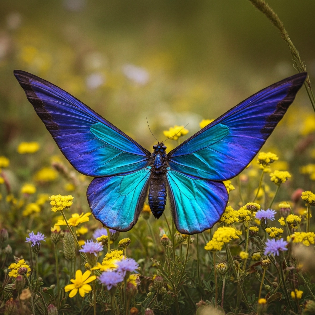 uma linda borboleta azul claro e azul escuro em suas asas em um jardim de margaridas