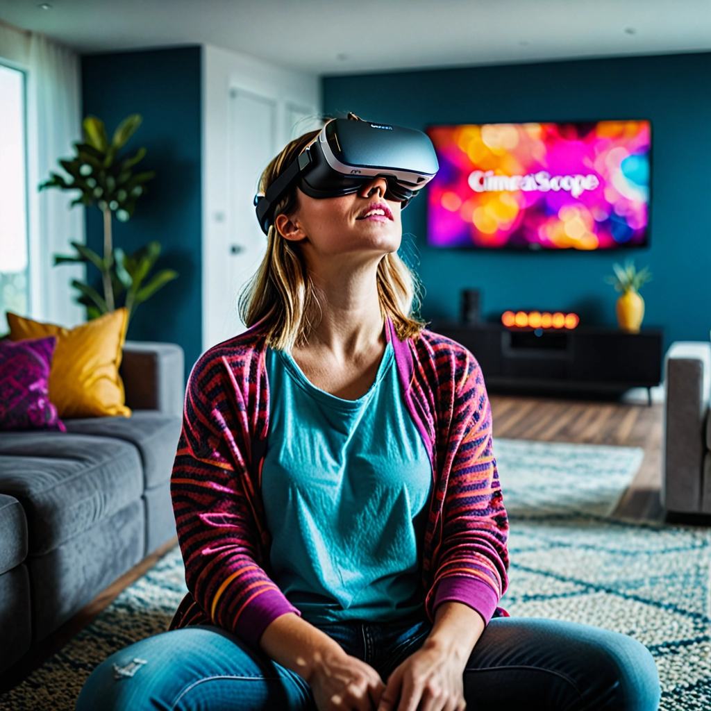 Metaverso - uma mulher com headset de realidade virtual, sentada de pernas cruzadas no centro da sala em dois sofás, ao fundo uma televisão com uma imagem colorida