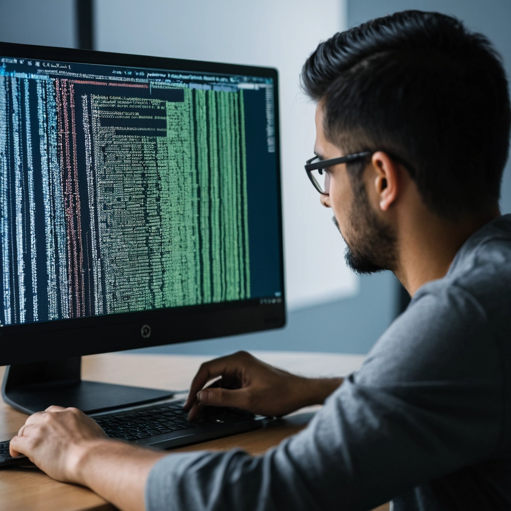 uma homem sentado enfrente ao computador - na tela do computador uma sequência de codigos