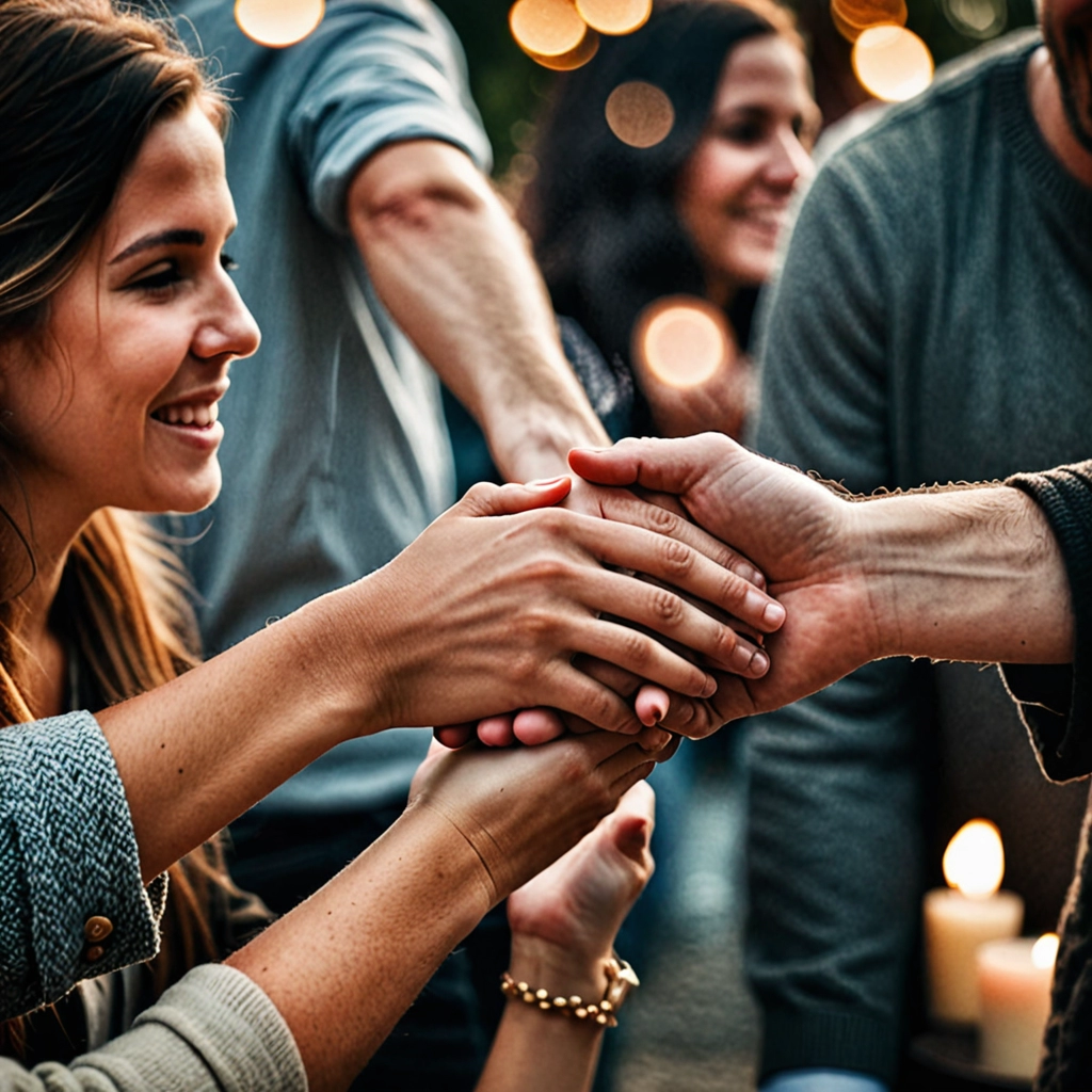 um grupo de pessoas com as mãos unidas e felizes