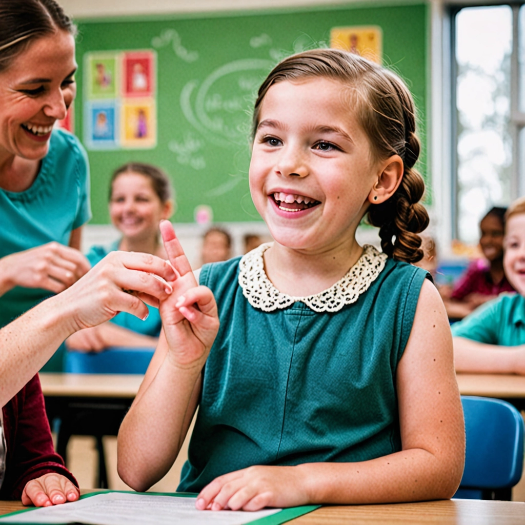 Uma criança surda, com paralisia cerebral, sorrindo e interagindo com um professor que usa Libras em uma sala de aula inclusiva e iluminada, com outros alunos ao redor