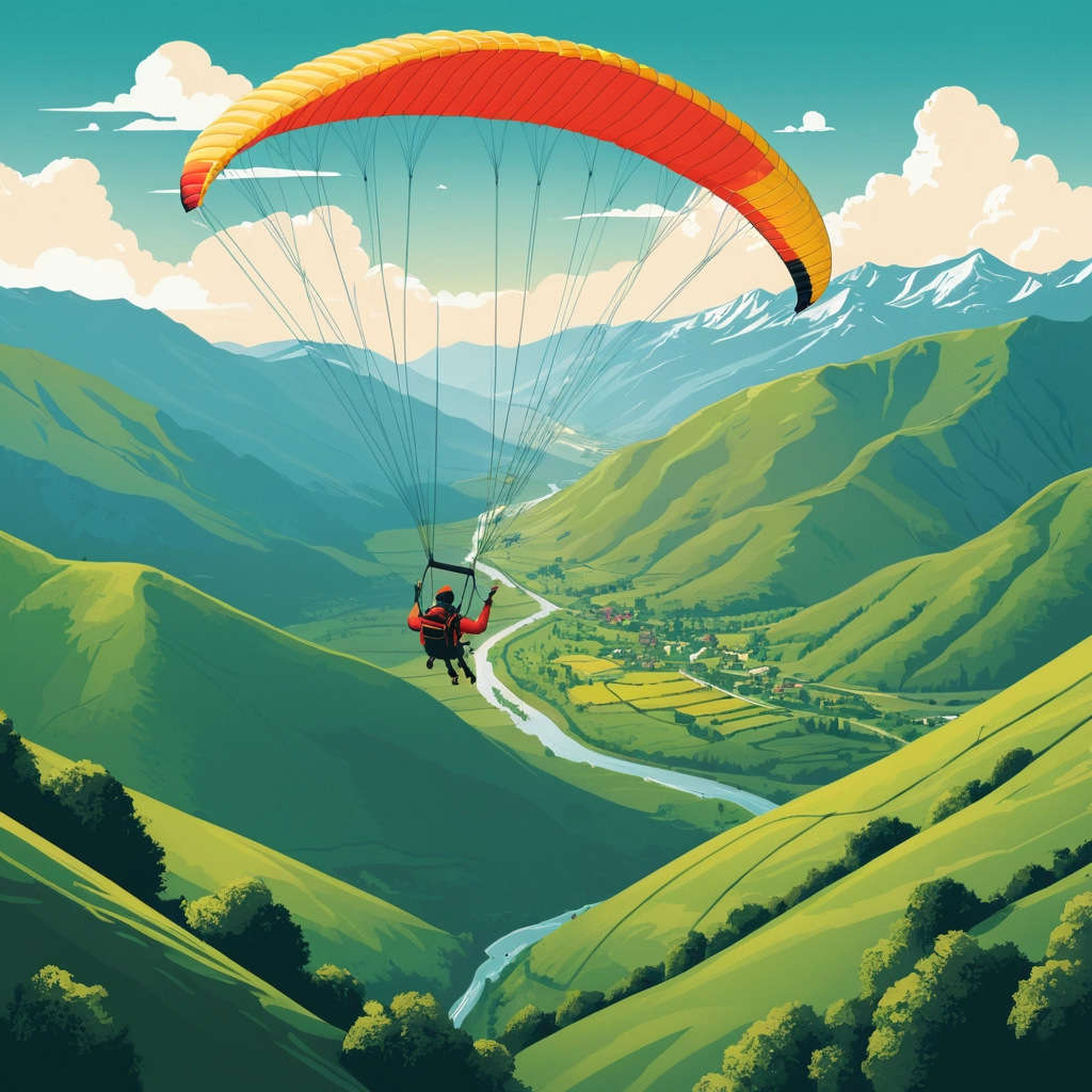 ilustração de um homem de parapente voando alto acima de um vale verdejante