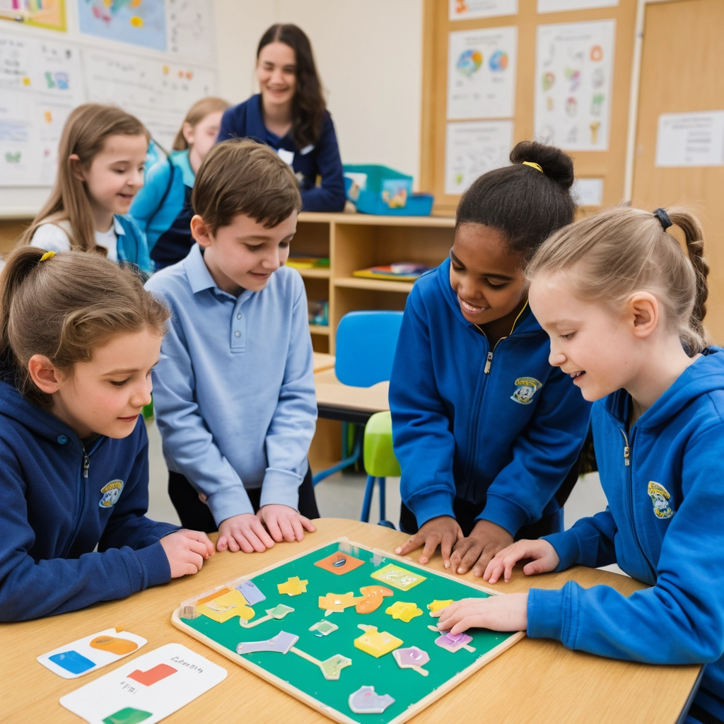 Um grupo de crianças, incluindo uma criança surda com paralisia cerebral usando uma prancha de comunicação, trabalhando juntas em um projeto escolar, com materiais adaptados e um ambiente acessível