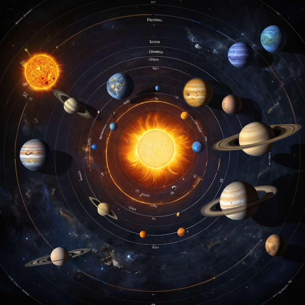 Sistema Solar com vários planetas ao seu redor