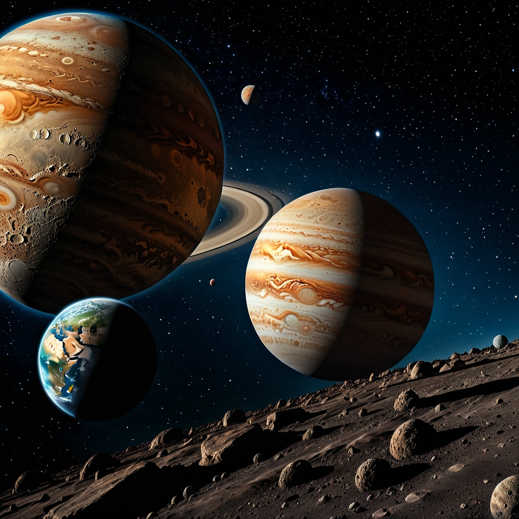 Uma ilustração comparativa mostrando um planeta rochoso (Terra) e um planeta gasoso (Júpiter) lado a lado, destacando suas diferenças de tamanho, composição e atmosfera.