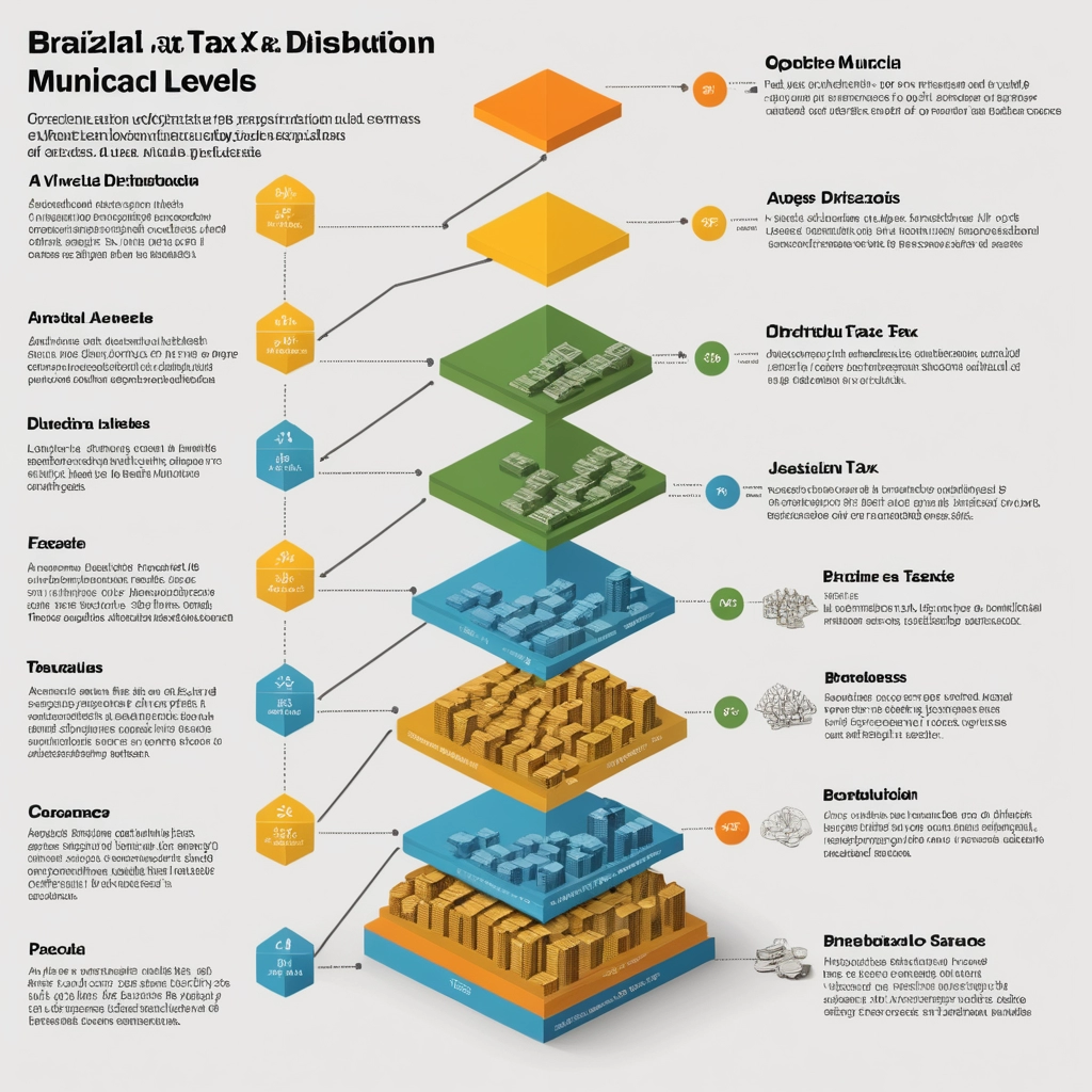 Uma representação visual do sistema tributário brasileiro, mostrando as diferentes camadas de impostos e sua distribuição entre os níveis federal, estadual e municipal.