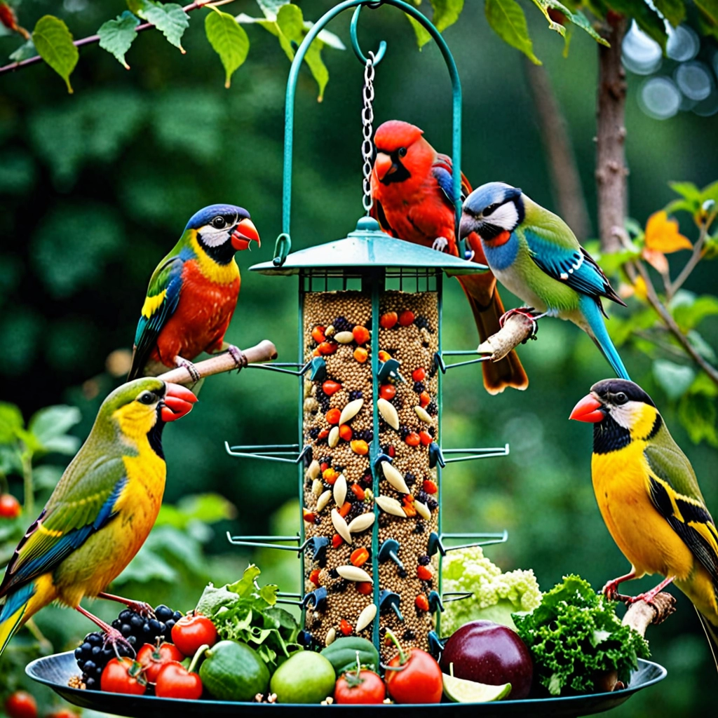 Um grupo diversificado de pássaros coloridos comendo sementes, frutas e vegetais frescos em um comedouro