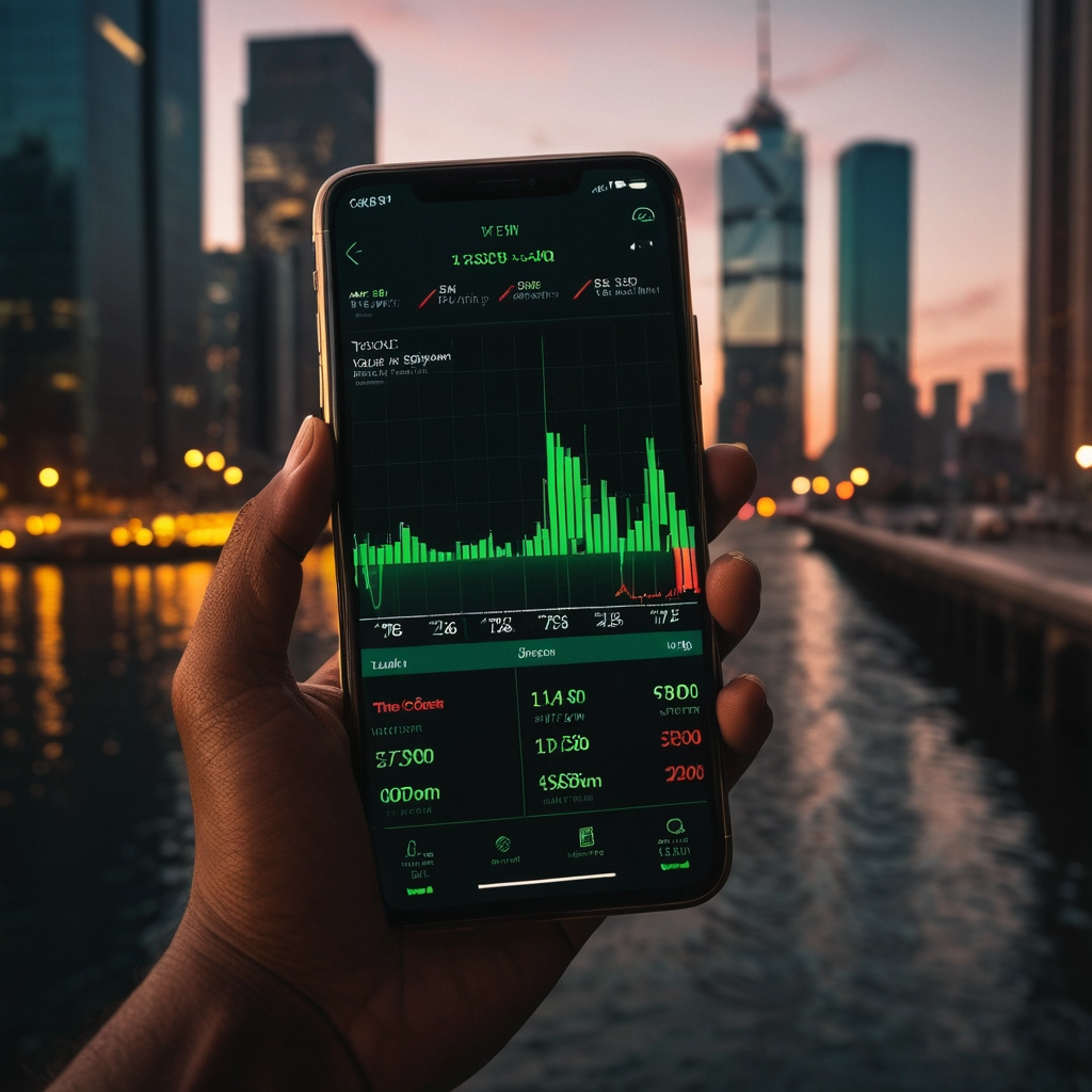 Uma mão segurando um smartphone exibindo um gráfico de ações em tempo real, com um fundo desfocado de uma cidade movimentada.