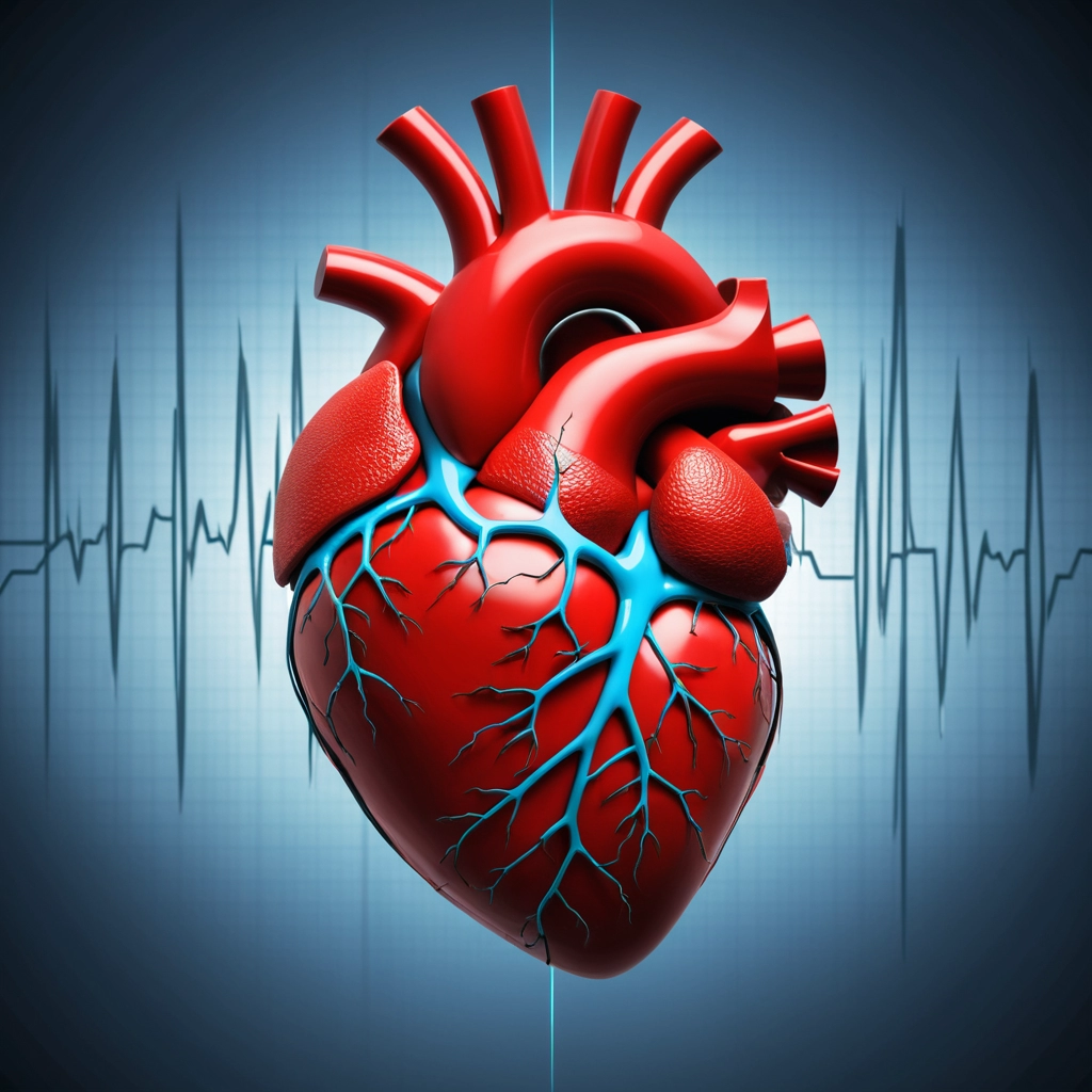 Um coração humano estilizado com um eletrocardiograma (ECG) ao fundo.