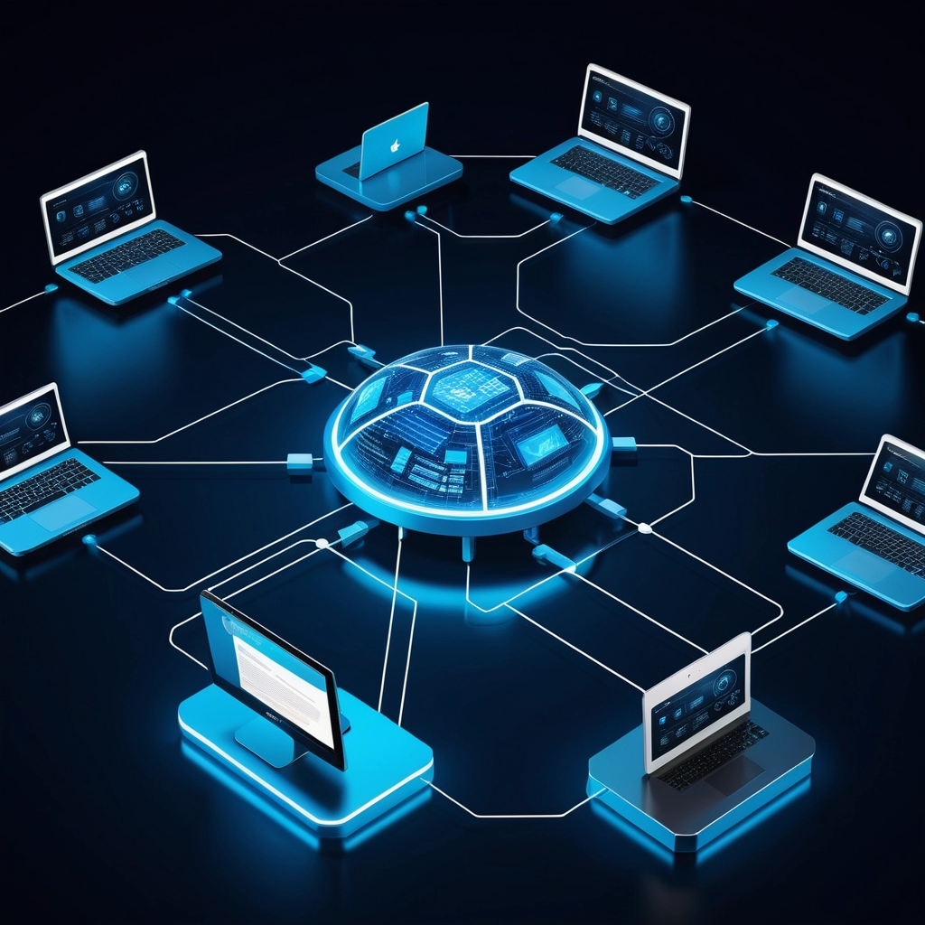 Uma representação visual de uma rede de computadores, mostrando dispositivos conectados por linhas que representam as conexões, com computadores