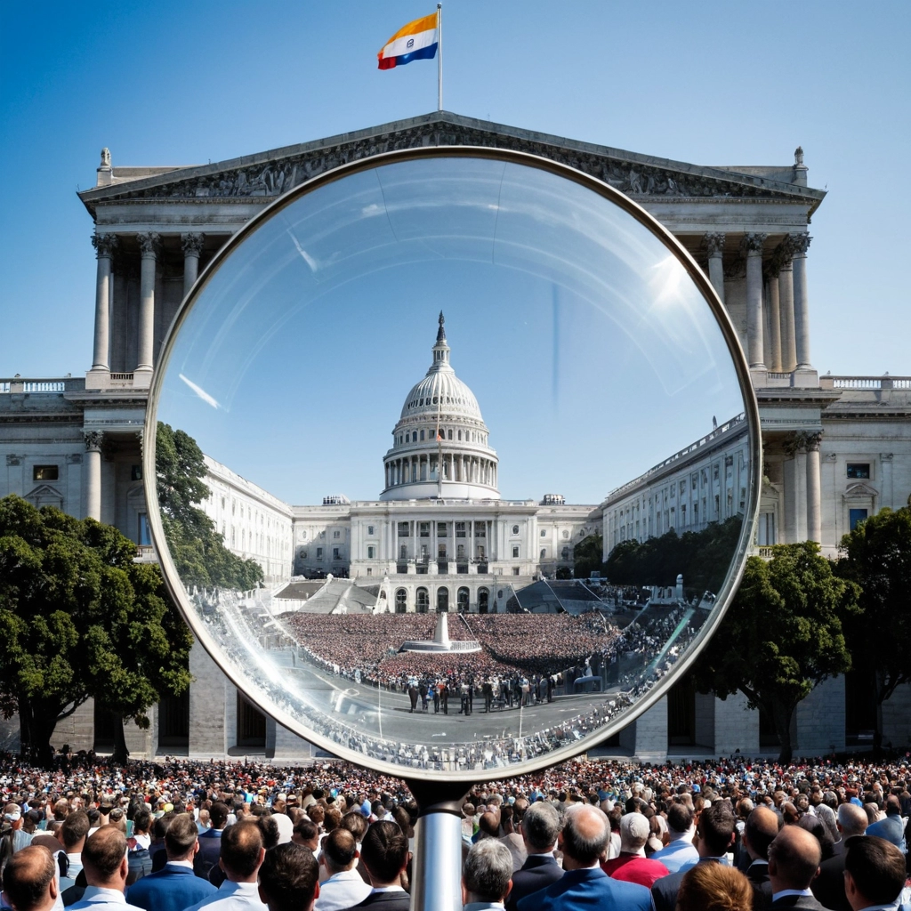 Uma lupa gigante sobre um prédio do Congresso Nacional, com diversos cidadãos ao redor observando