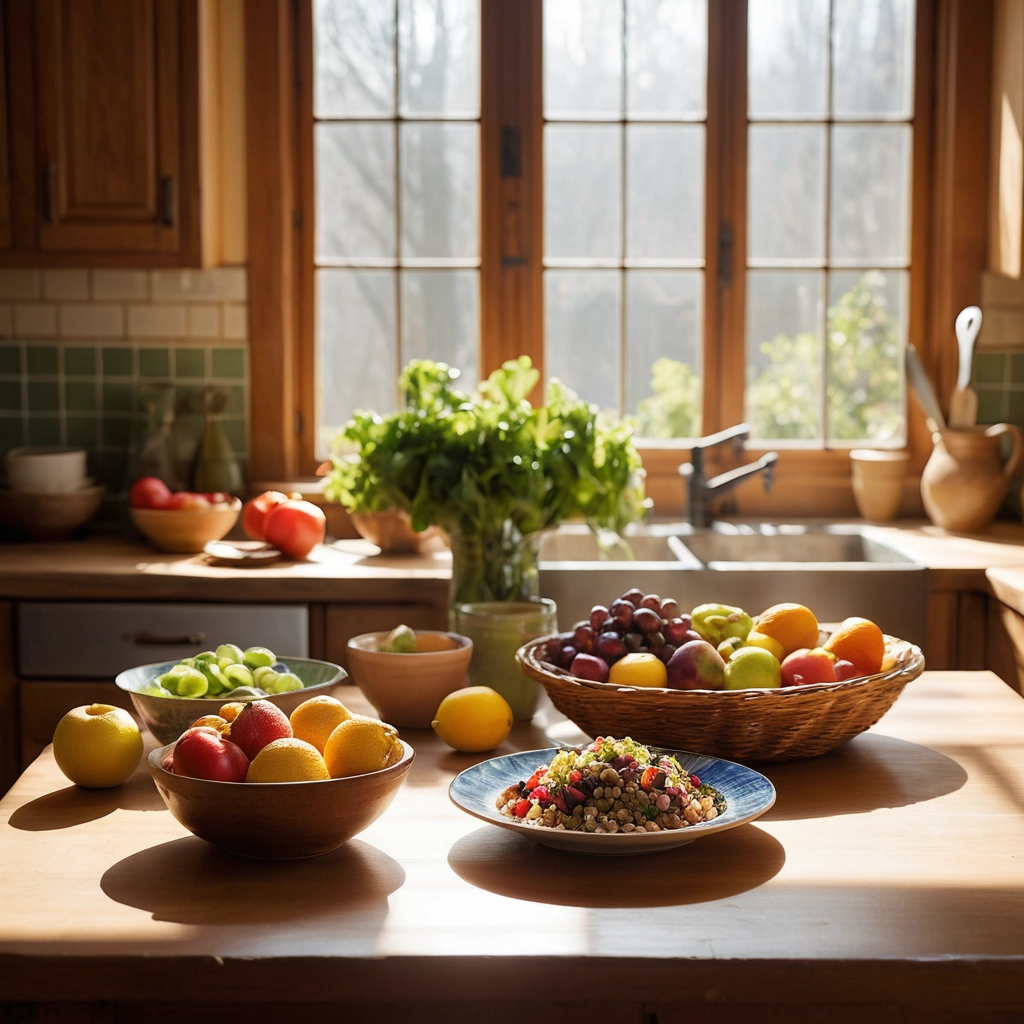 uma cozinha, onde o foco é a mesa com uma variedade de frutas, como: uvas, laranja, maçã, e um prato com grãos de bico