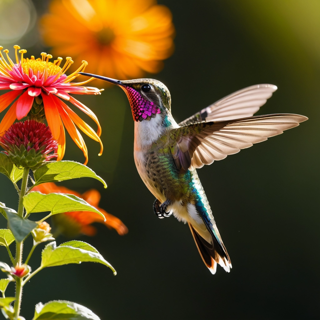 Um beija-flor pairando no ar enquanto se alimenta do néctar de uma flor, com as cores iridescentes de suas penas brilhando ao sol