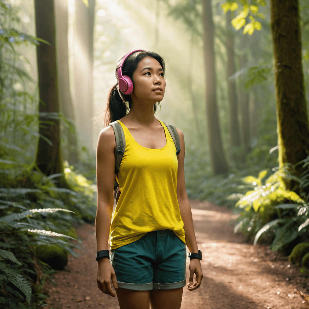 uma jovem asiática olhando, possivelmente para o alto, ouvindo os cantos dos pássaros pelo fone de ouvido rosa