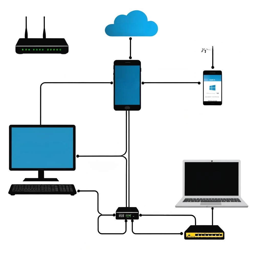 Um diagrama simplificado de uma rede doméstica, mostrando o modem conectado ao roteador, e o roteador conectado a um computador e um smartphone