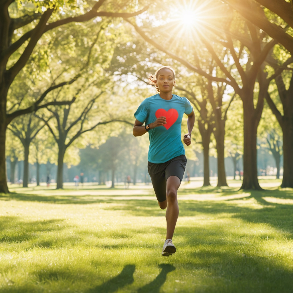 Uma mulher parda correndo em um parque ensolarado, com um coração estilizado sobreposto na sua camisa, representando a importância dos exercícios para a saúde cardíaca